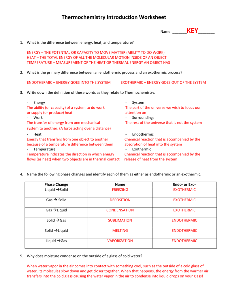 Key With Introduction To Energy Worksheet