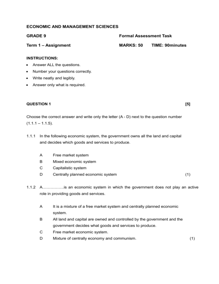 grade 9 ems business plan project memorandum