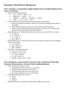 Chemistry Final Review Spring 2011 Unit 1 (Chapter 10)