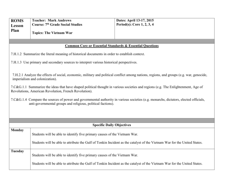 ROMS Lesson Plan - Seventh Grade Social Studies Website