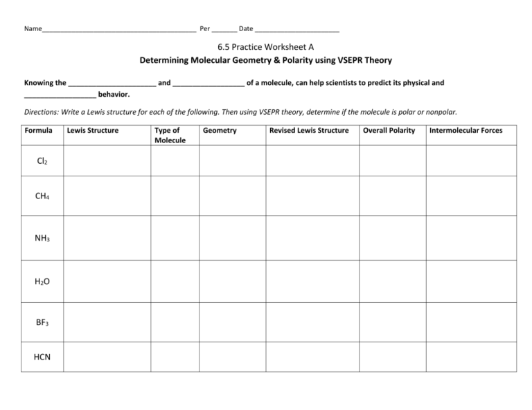 6 5 Practice Worksheet A Molecular Geometry Polarity