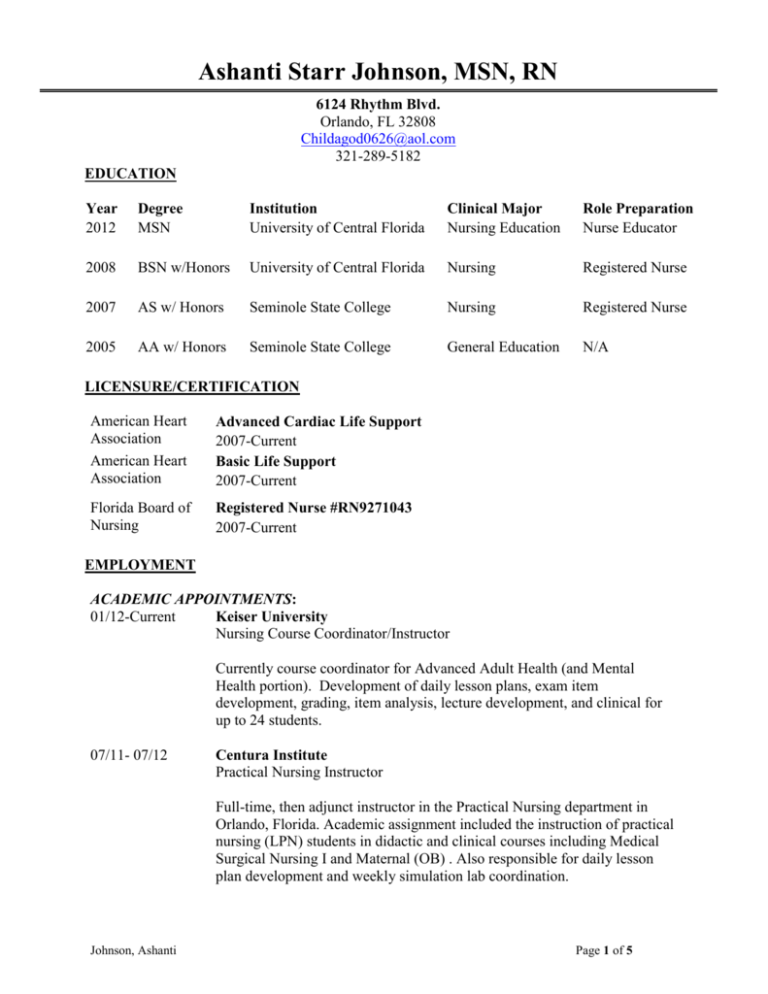 Curriculum Vitae - Ashanti Starr Johnson, Msn, Rn