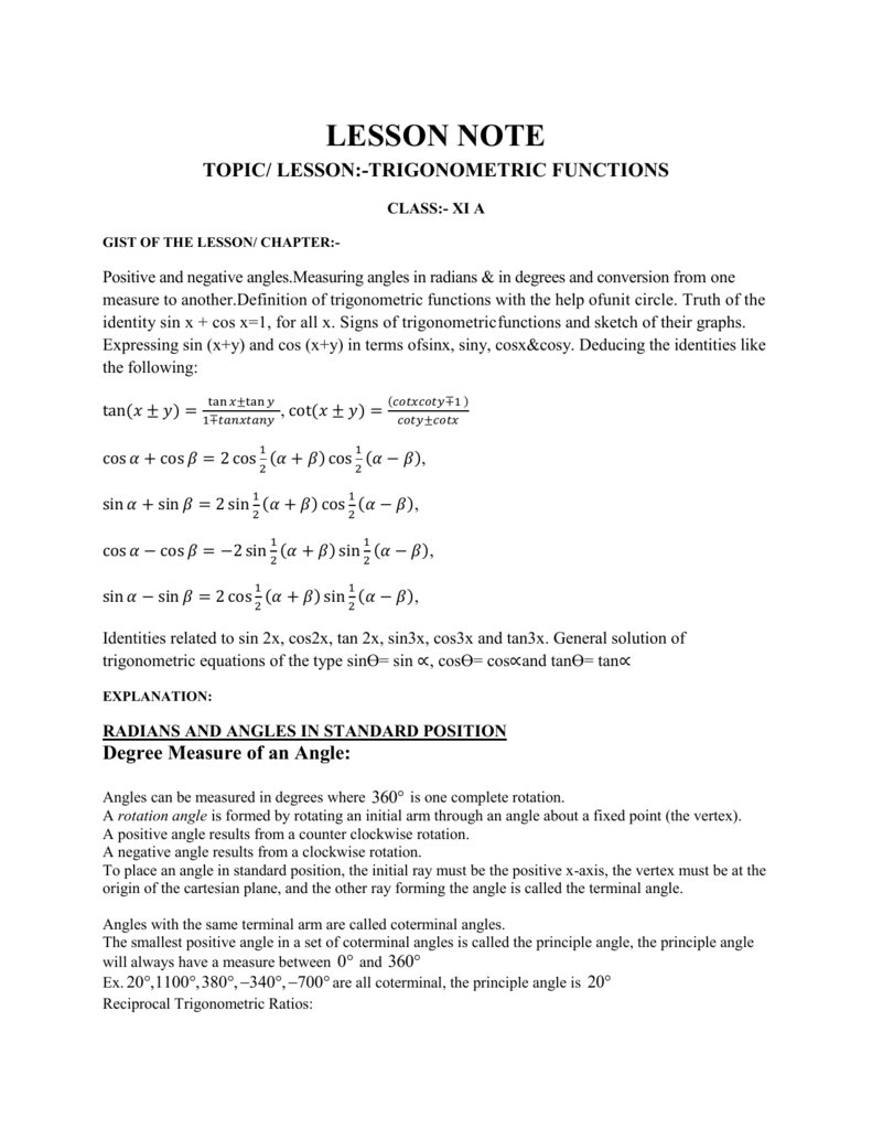 Topic Lesson Trigonometric Functions