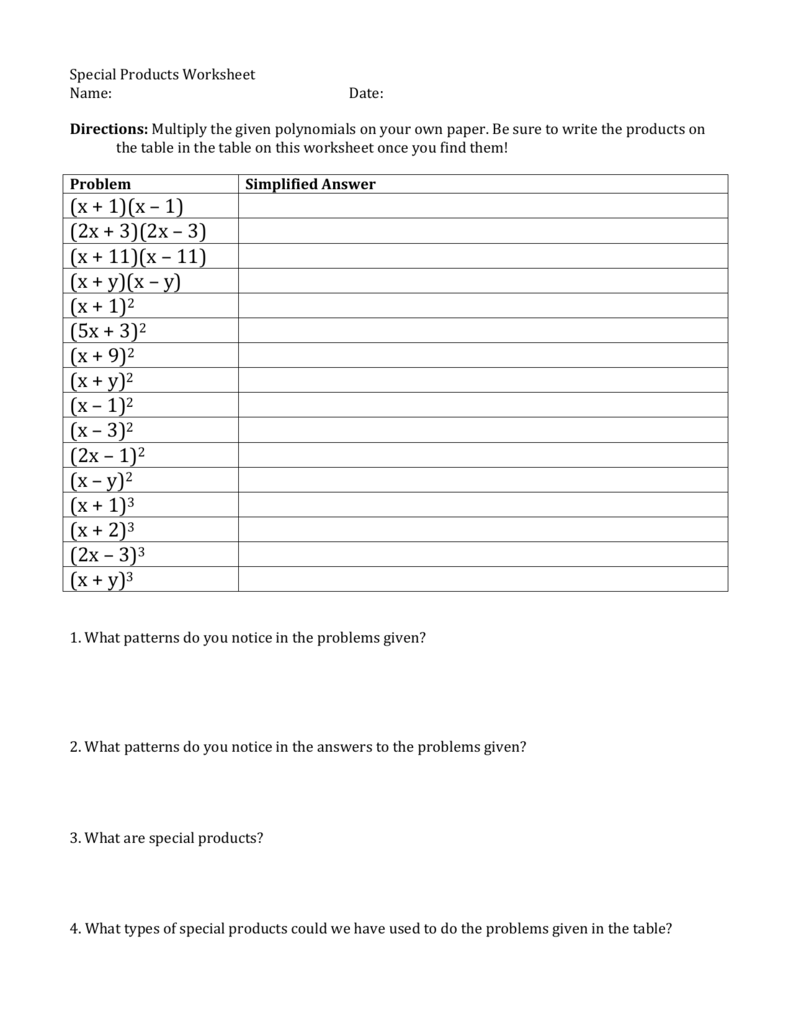 Special Products Worksheet