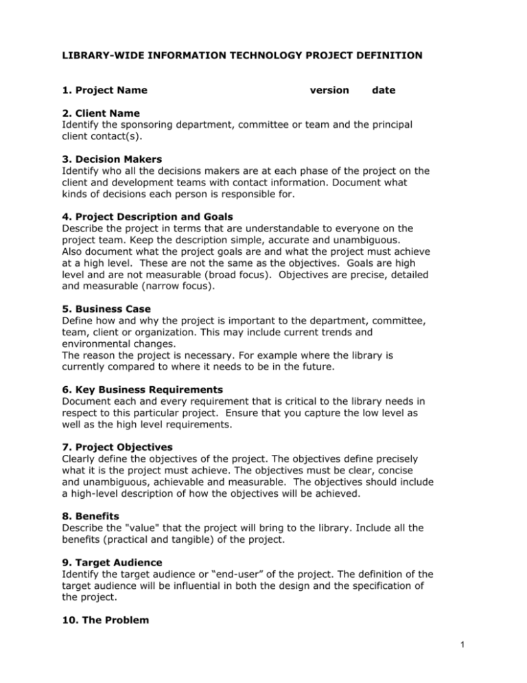 Project Definition Document Example