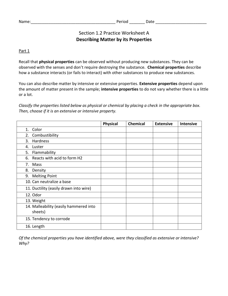 244.24 Practice WKST A: Describing Matter by its Properties Intended For Physical Properties Of Matter Worksheet