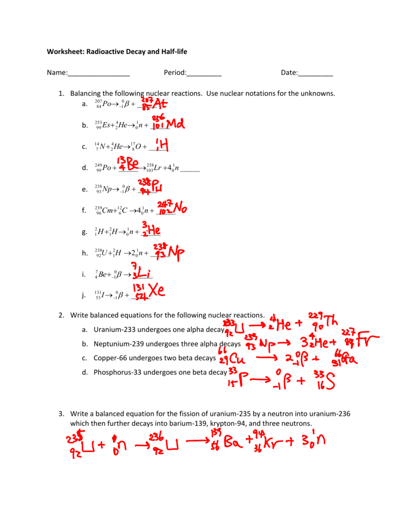 Radioactive Decay and Half In Nuclear Decay Worksheet Answers  Key