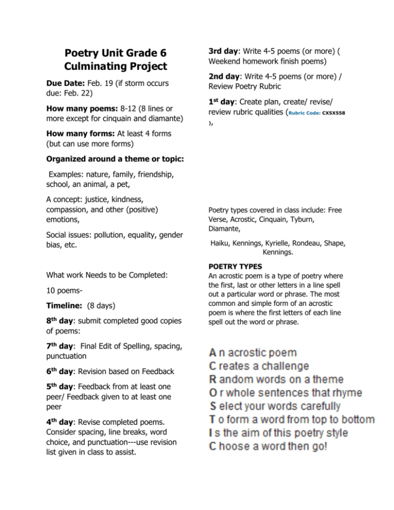 Poetry unit grade 6 culminating project and notes