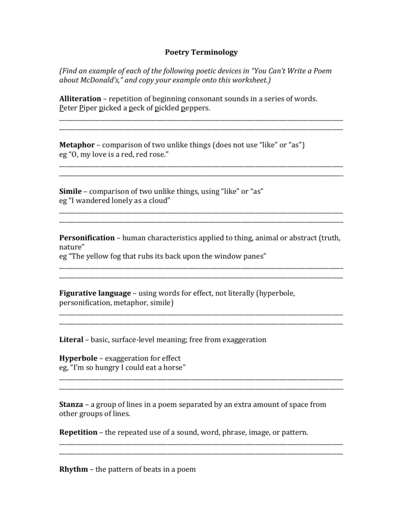 Poetry Terminology (Find an example of each of the following poetic Regarding Sound Devices In Poetry Worksheet