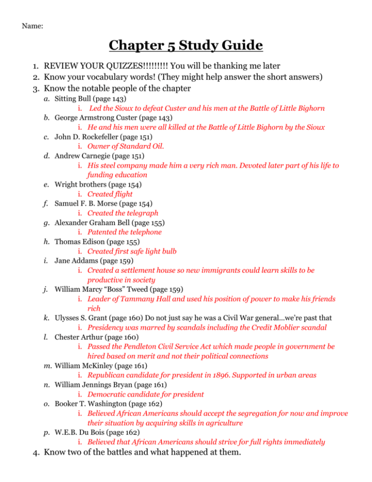 Chapter 5 Study Guide Answers Chapter 5 Study Guide Answers