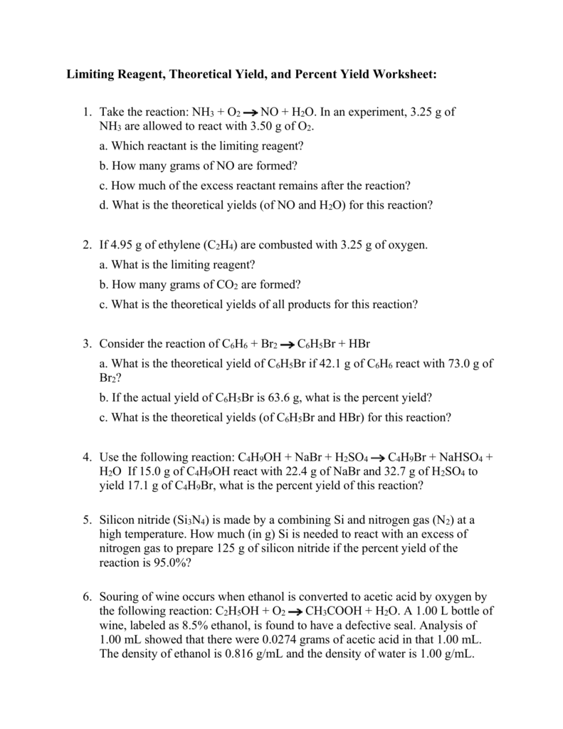 Limiting Reagent Theoretical And Actual Yields Worksheet