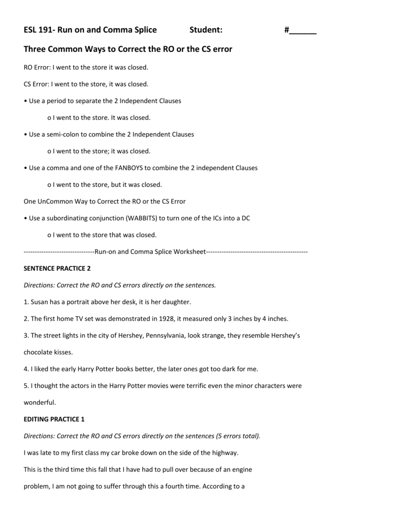 Run On Sentences Worksheet