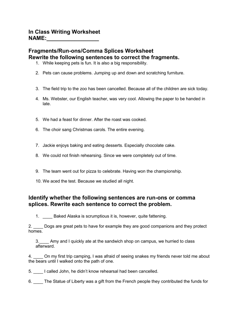 Run On Sentences And Comma Splices Worksheet 1 Answers TUTORE ORG Master Of Documents