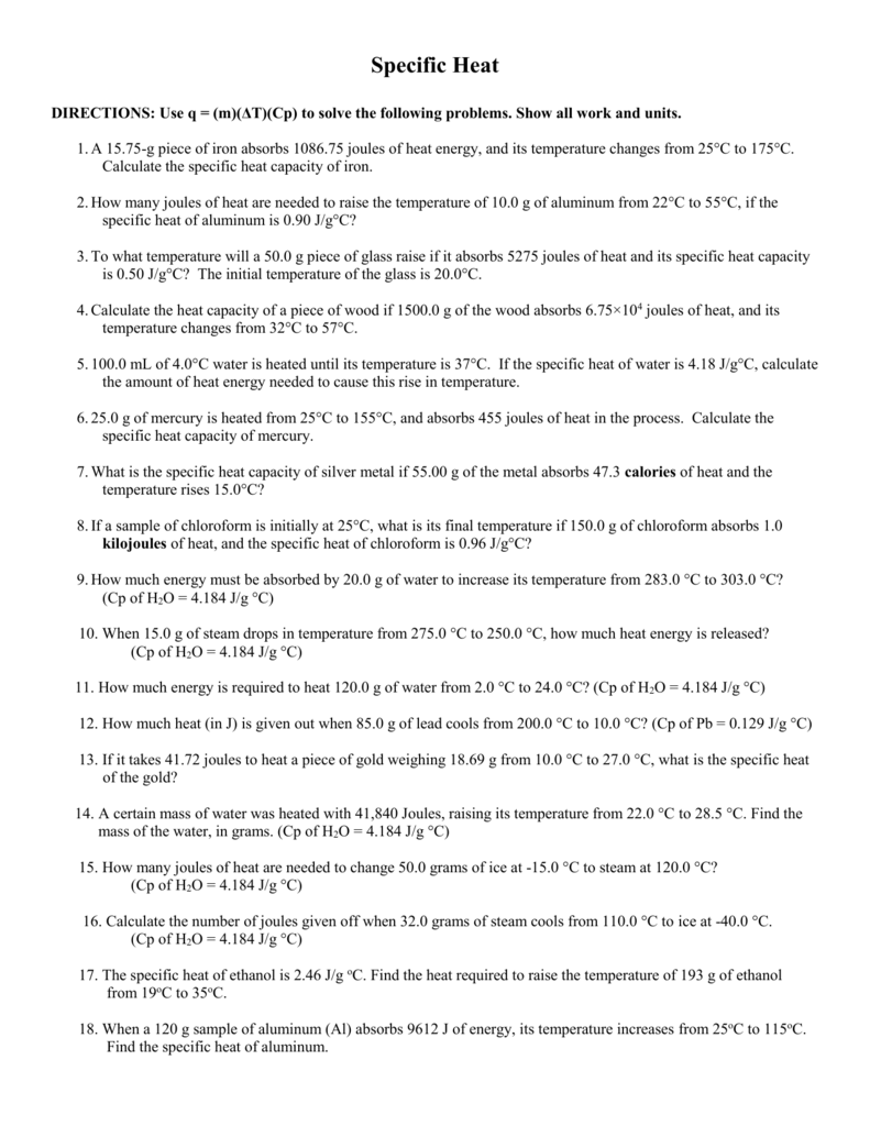 Specific Heat Worksheet