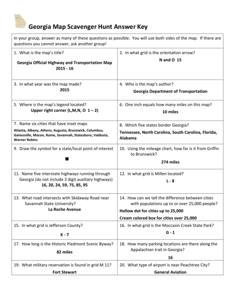 Georgia Map Scavenger Hunt Answer Key