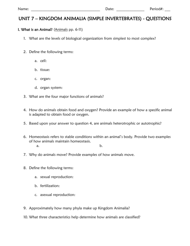 Questions - Kingdom Animalia and Simple Invertebrates