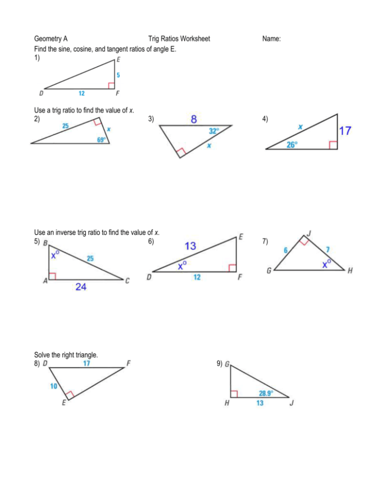 trigonometric ratios assignment answer key