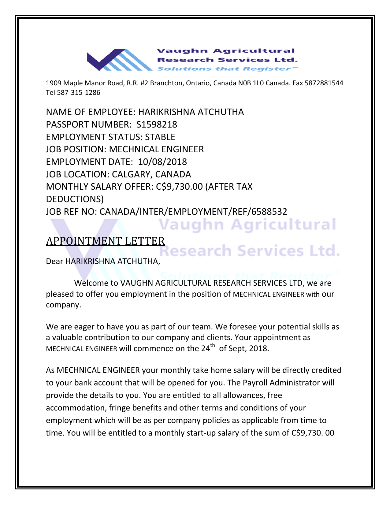 Letter Of Employment For Loan Canada / Sales Representative Job Offer