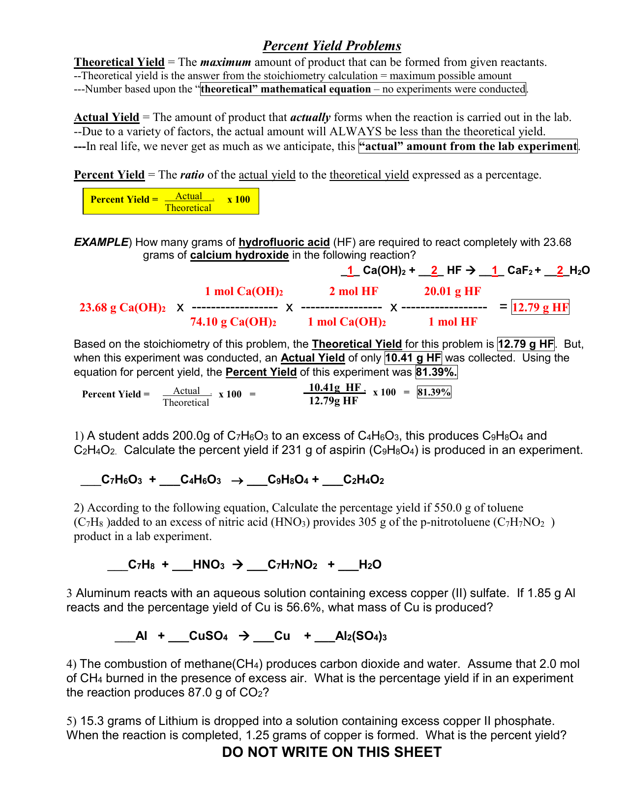 Percent Yield WS