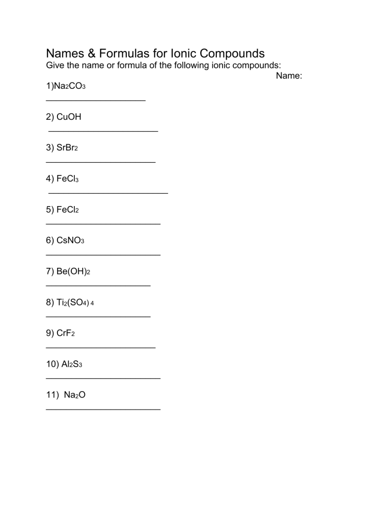 Ionic Compound Quiz Version 1