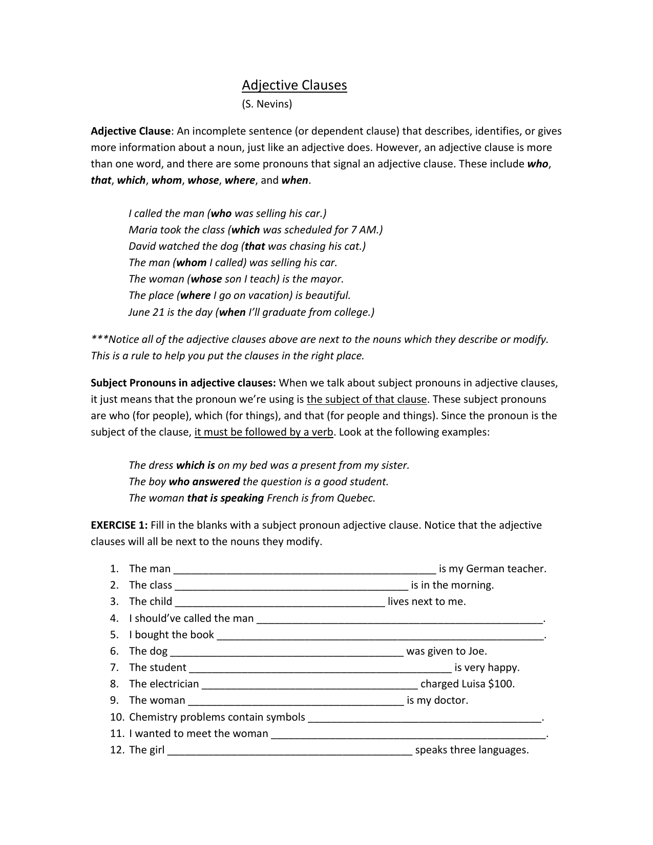 Adjective Dependent Clause Worksheet