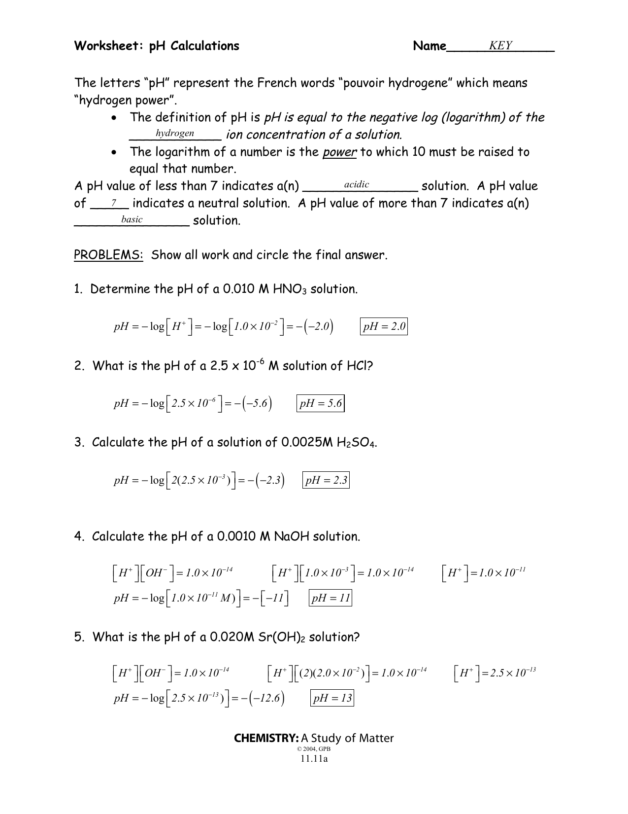 Ph Worksheet Answer Key