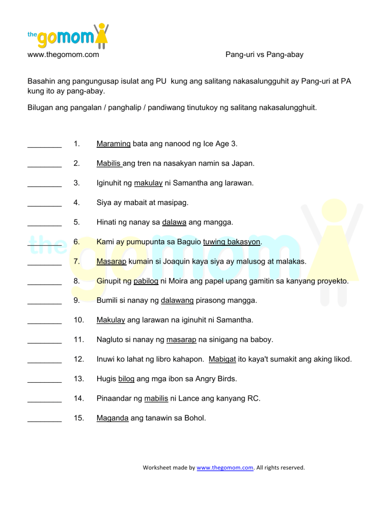 Uri Ng Pang Abay Worksheet 3504