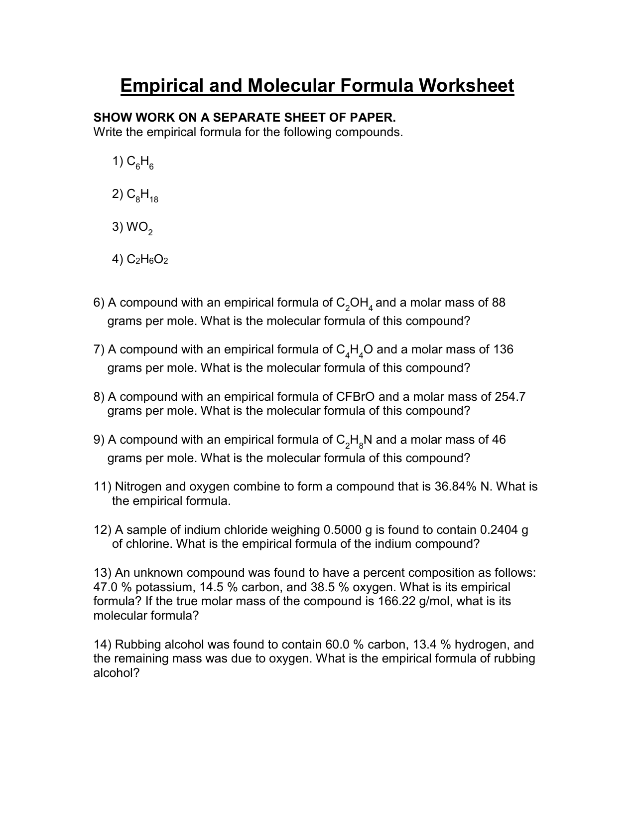 Ch 10 Empirical And Molecular Formula Worksheet