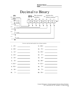 Binary & Hexidecimal Number worksheet and quiz