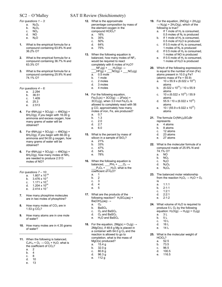 Sat Chemistry 03 Stoichiometry