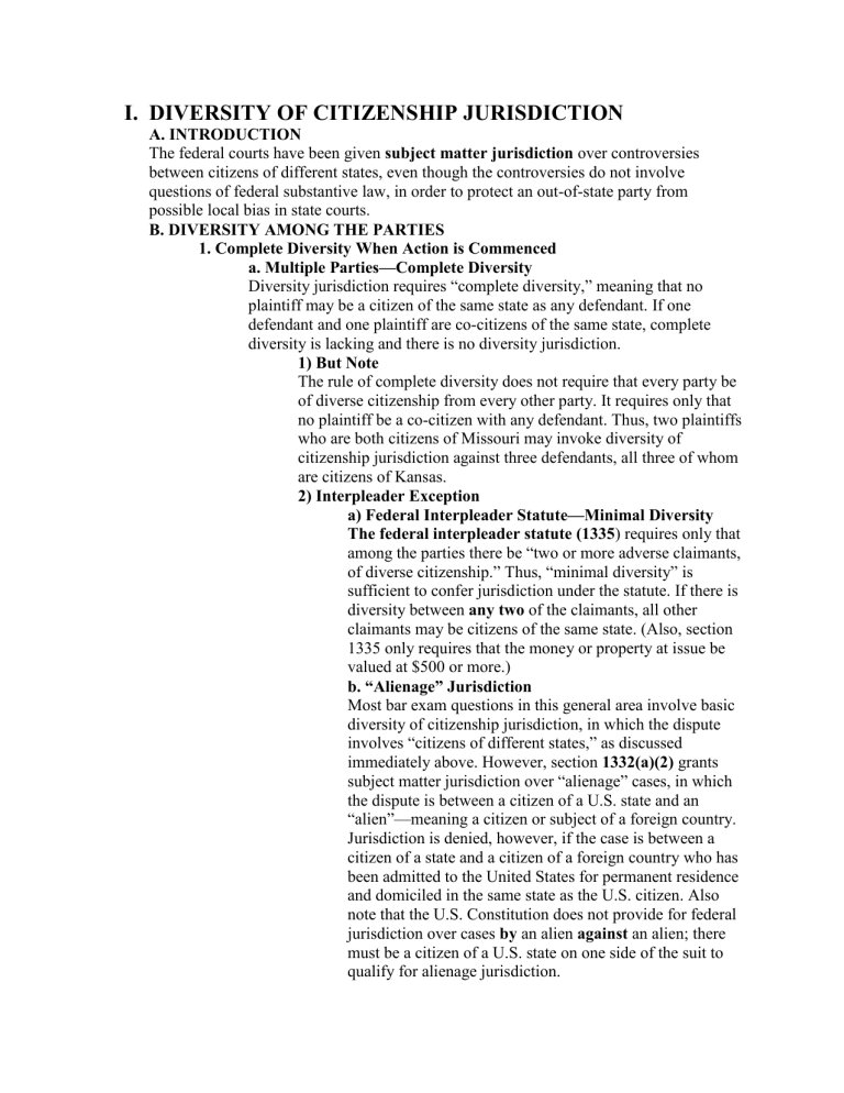 DIVERSITY OF CITIZENSHIP JURISDICTION