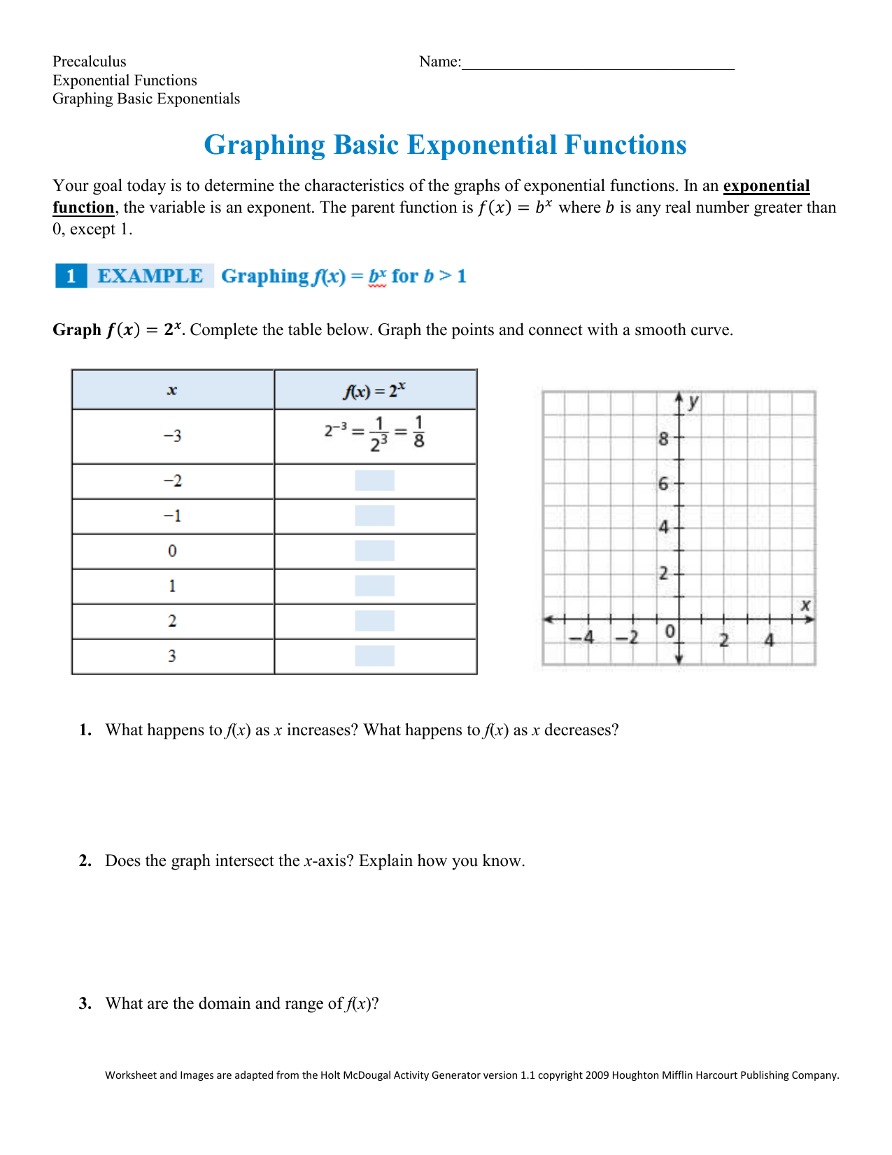 graph exponential functions Inside Graphing Exponential Functions Worksheet