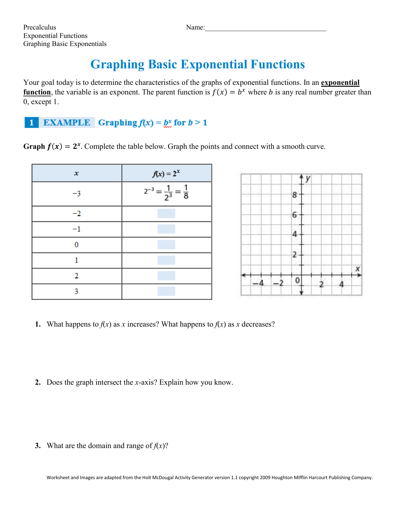 graph exponential functions For Graphing Exponential  Functions Worksheet