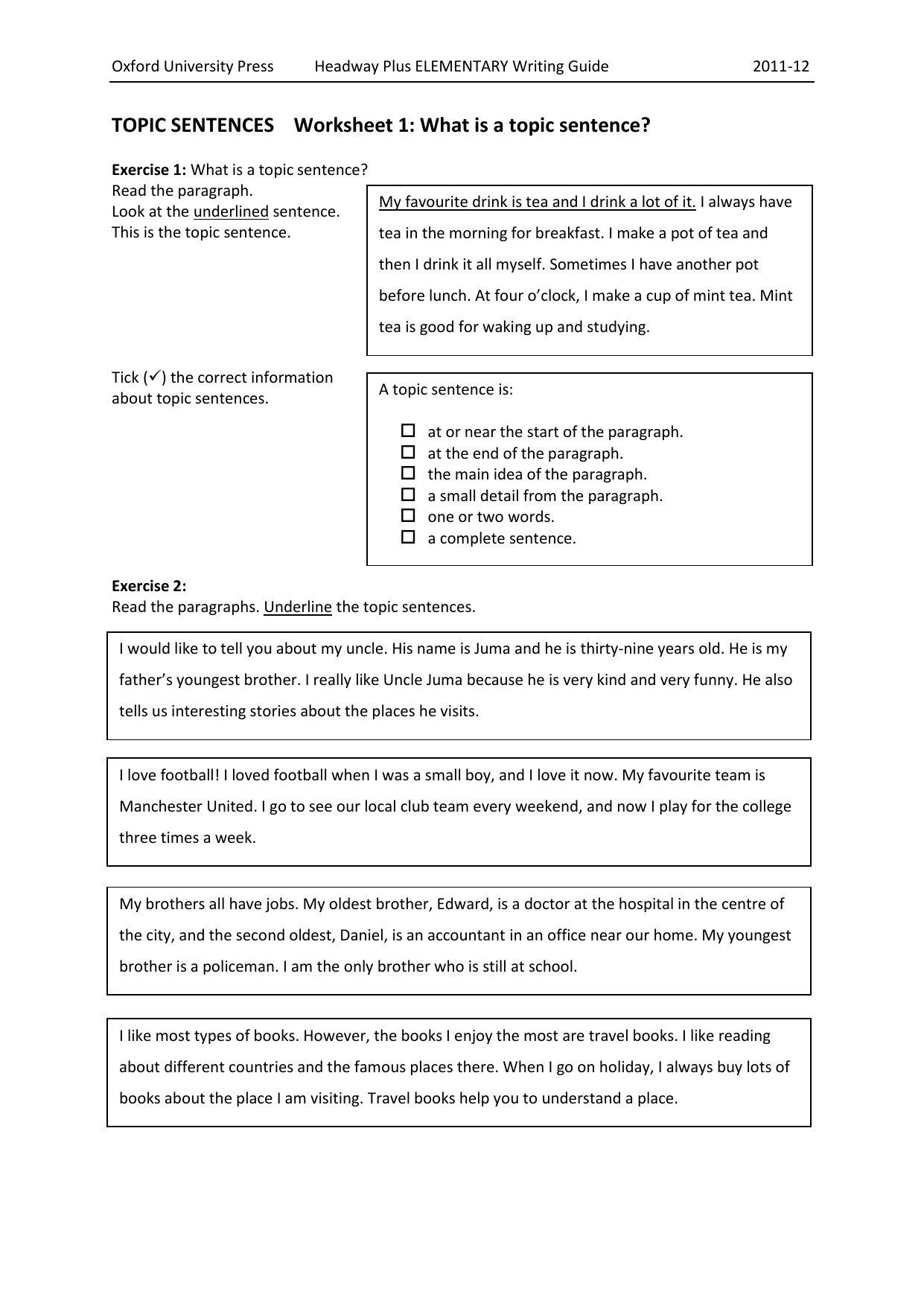 WRITING GUIDE Pertaining To Writing A Topic Sentence Worksheet