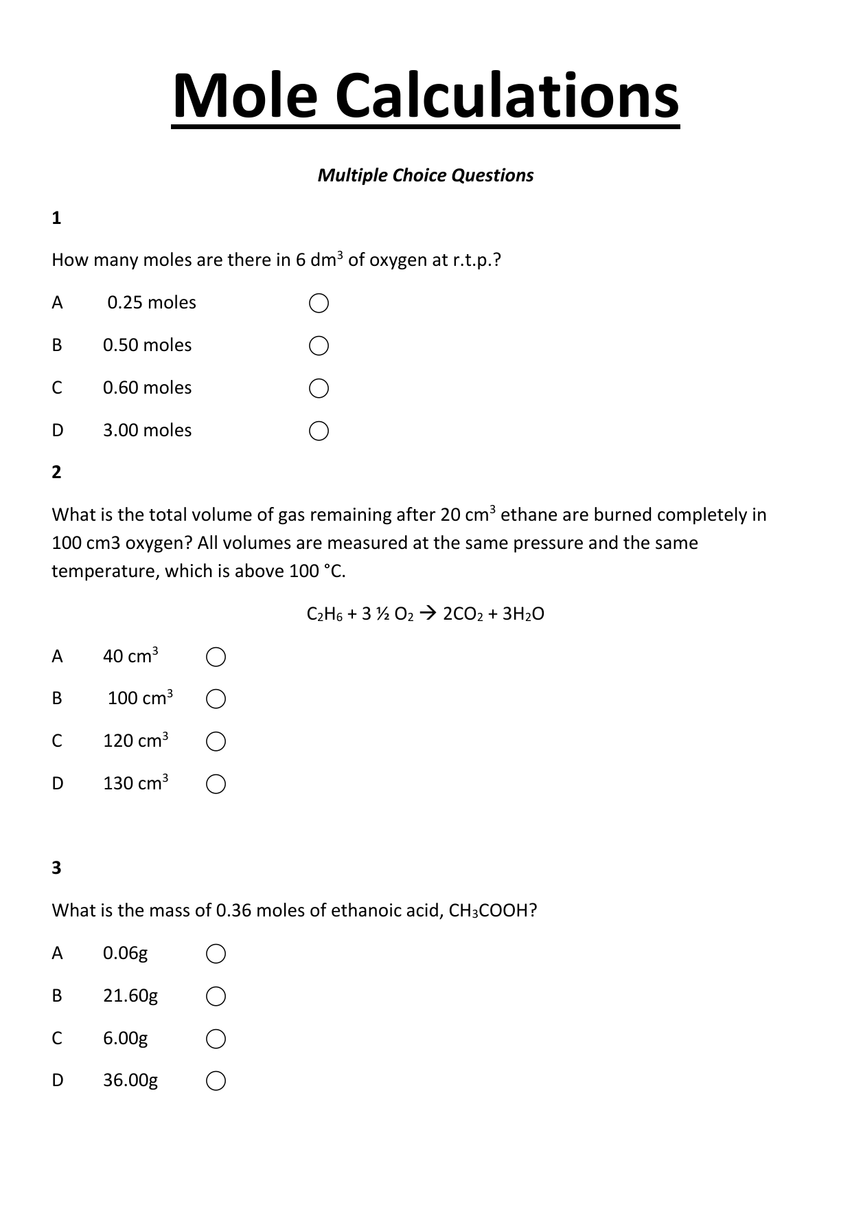 10 Mole Calculations Multiple Choice Questions and Answers