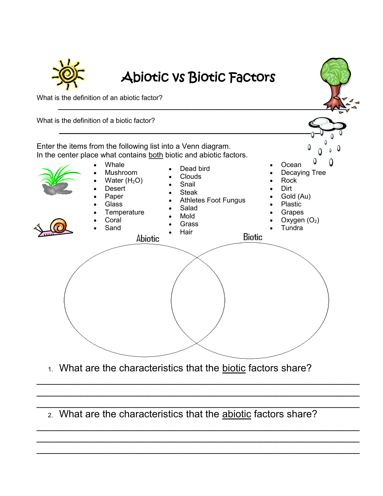 Biotic and Abiotic Worksheet Intended For Abiotic And Biotic Factors Worksheet