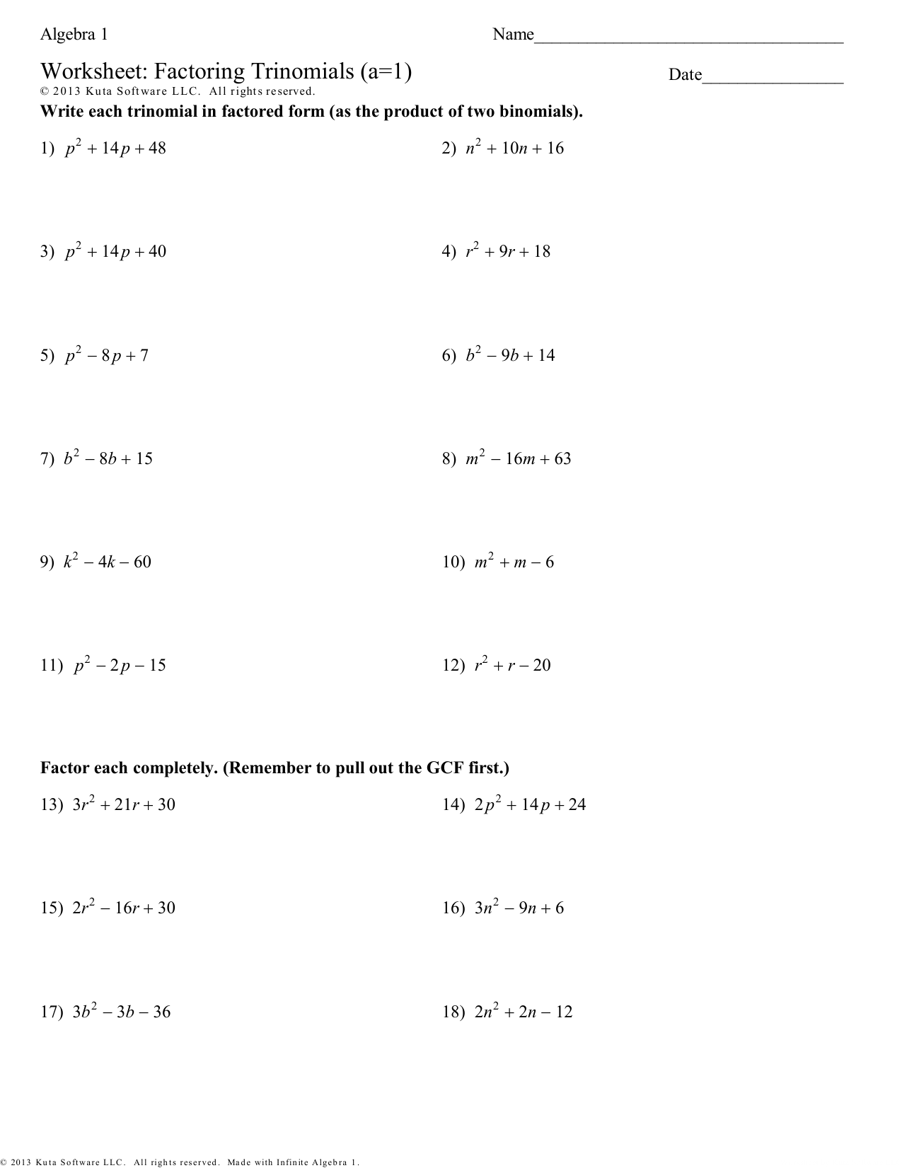 Algebra 1 Factoring Worksheet