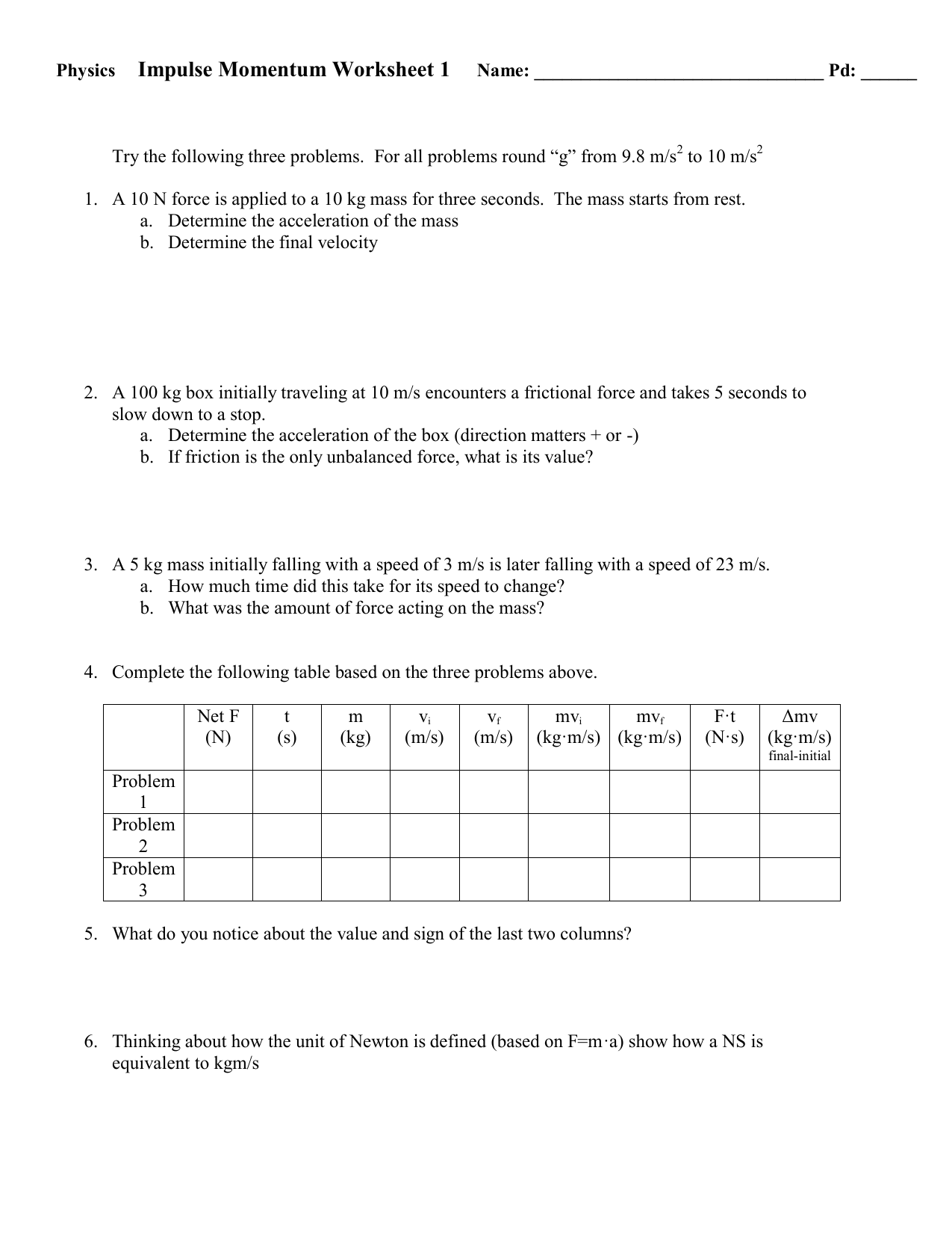 impulsive force model worksheet 1 answers