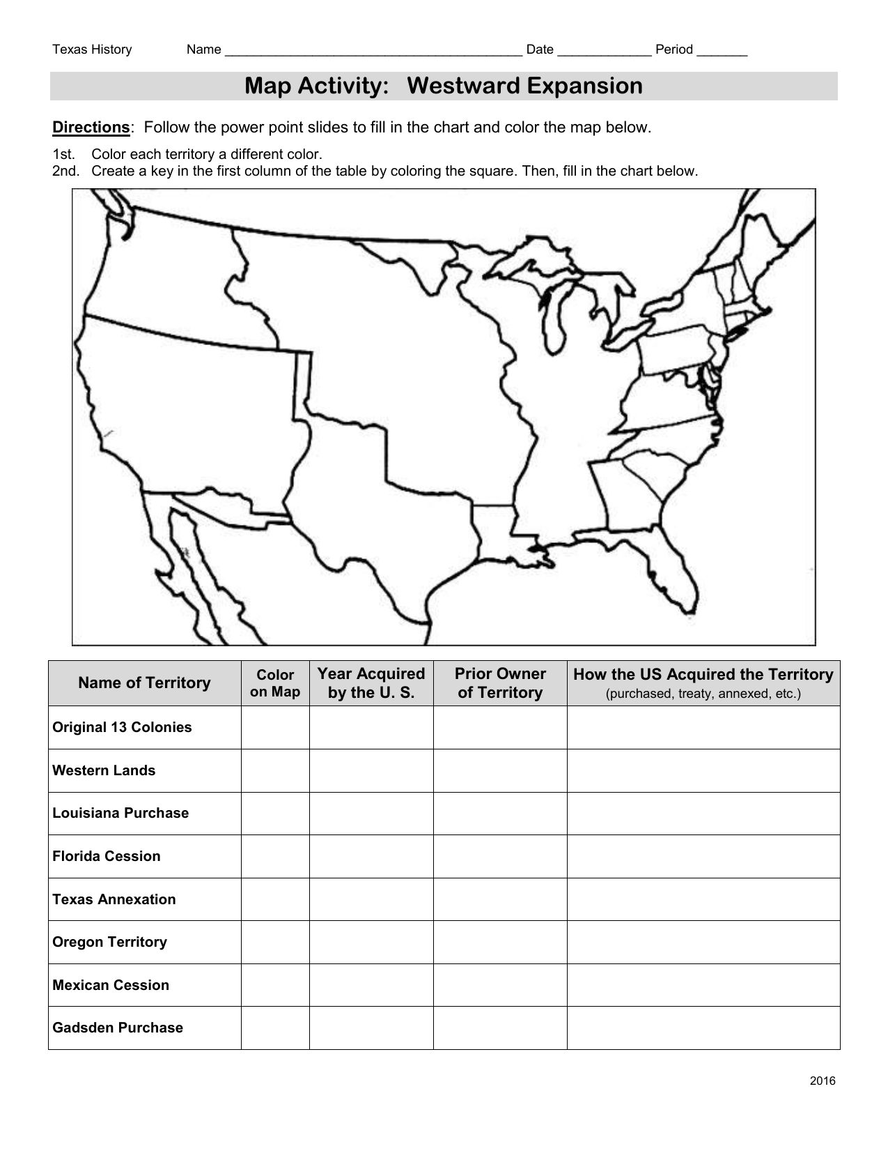 Westward Expansion Map Activity Answer Key