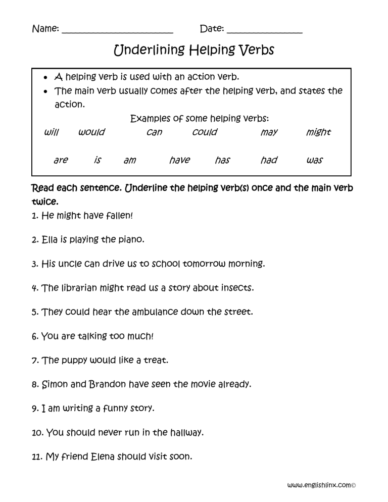 underlining helping verbs worksheet