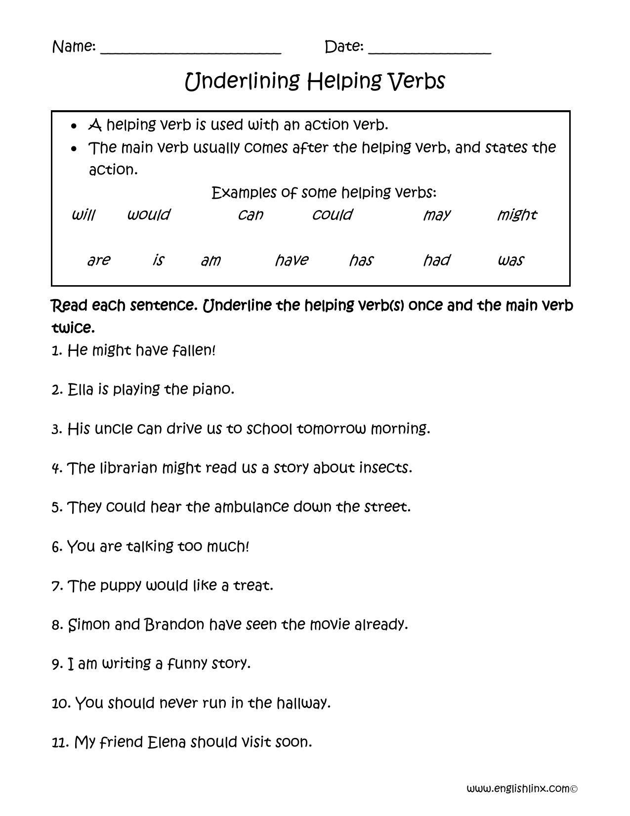 Underlining Helping Verbs Worksheet