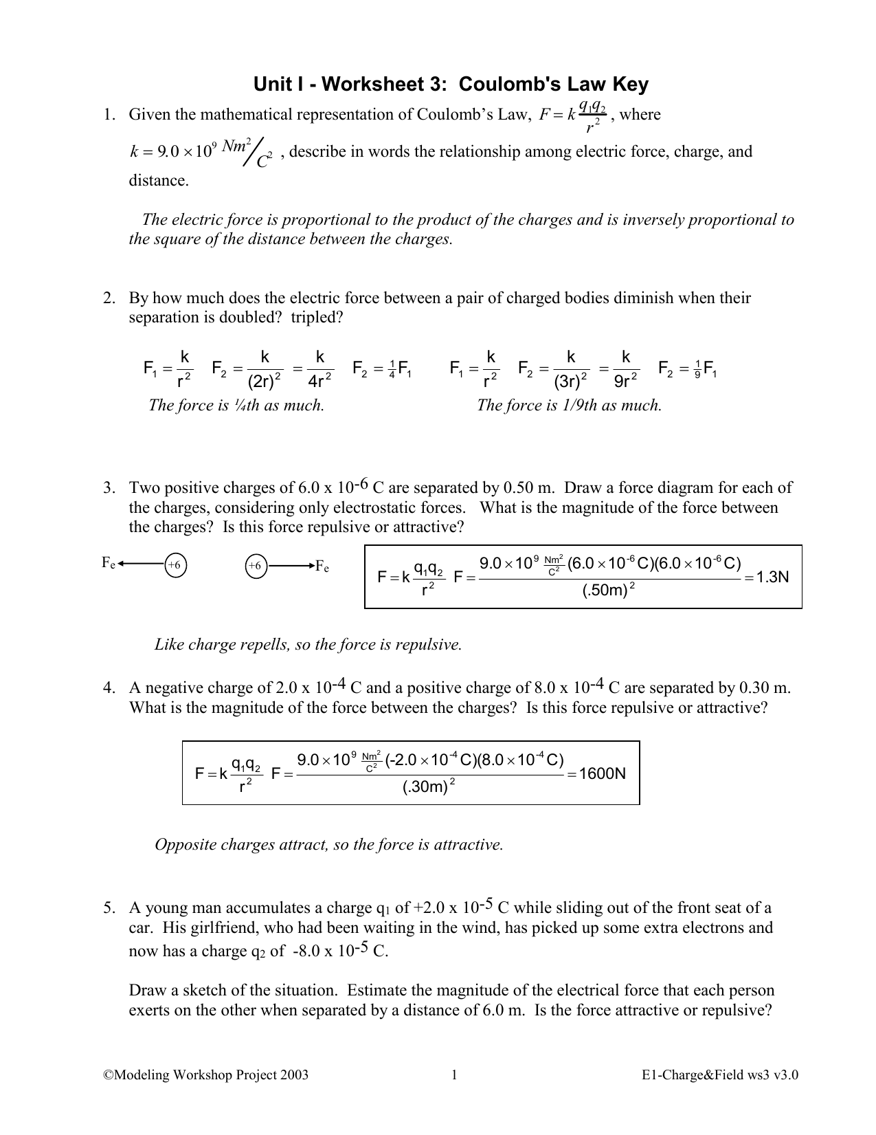 Coulomb S Law Worksheet Answer Key