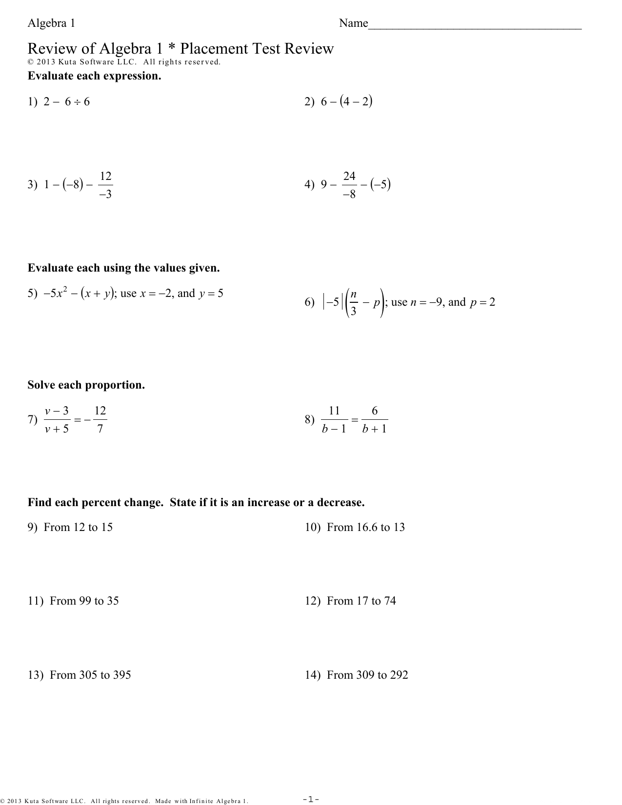 Algebra Review Packet For Algebra 1 Review Worksheet