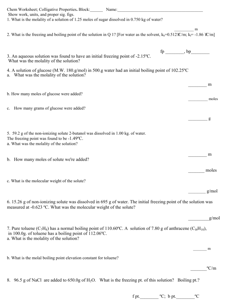 Colligative Properties Ws