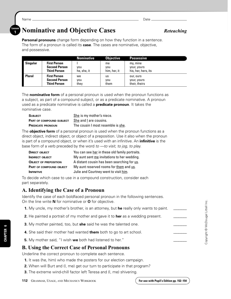 Nominative And Objective Case Pronouns Worksheet Answers