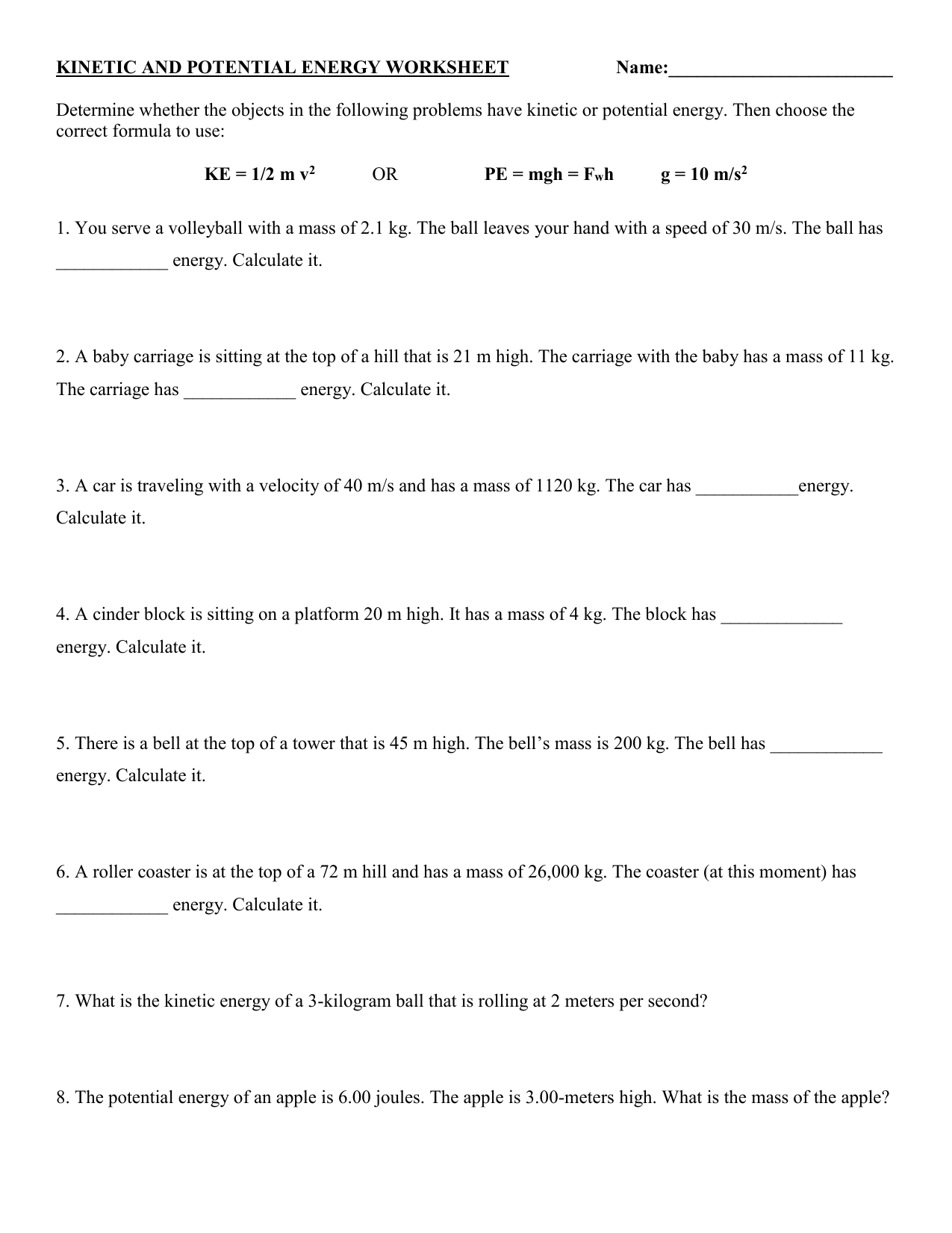 Kinetic and Potential Energy Worksheet In Potential Versus Kinetic Energy Worksheet