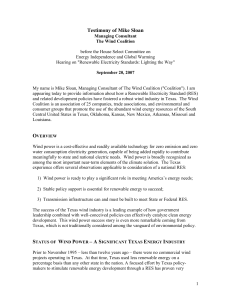 Texas Renewable Energy Policy - Testimony of Mike Sloan to U.S. House Climate Change Subcommittee 9-20-2007