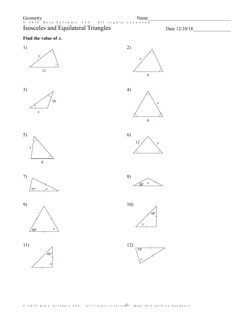 geometry isosceles and equilateral triangles worksheet