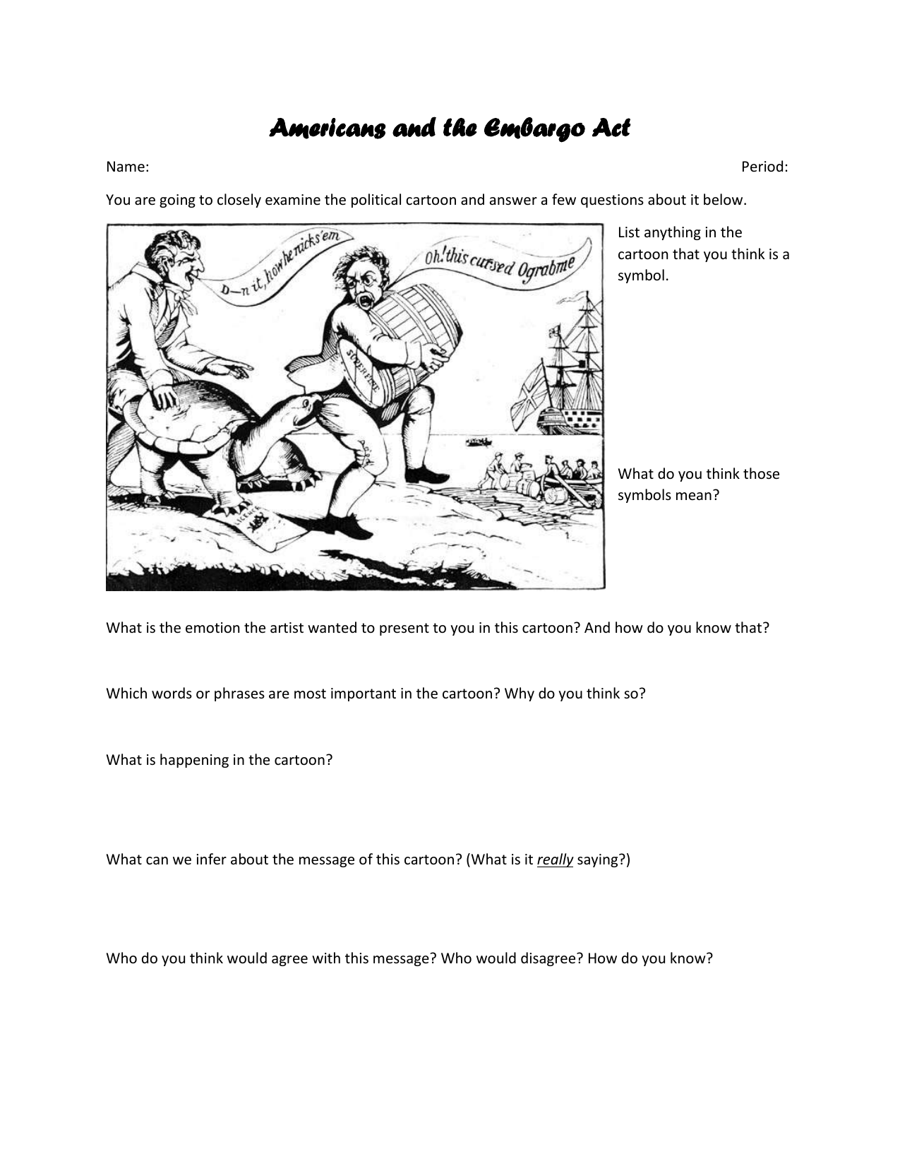 Embargo Act of 22 Political Cartoon Inside Political Cartoon Analysis Worksheet