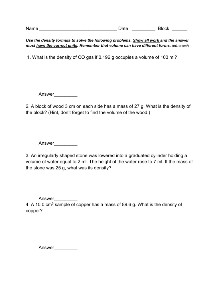 Mass Volume And Density Review Worksheet Answers